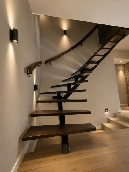 Gewendelte Einholmtreppe mit dunklem Holm und offenen Holzstufen