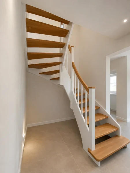 Holztreppe mit weißen Wangen und kontrastierenden Holzstufen