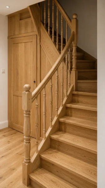 Naturfarbene Holztreppe mit Holzhandlauf und Geländerstäben