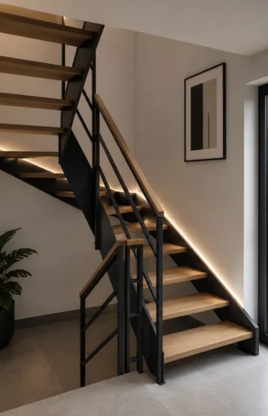 Treppe mit Metallwangen, Holzstufen und Metallgeländer