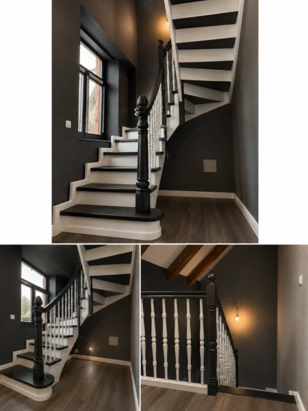 Holztreppe mit weißen Wangen und kontrastierenden Holzstufen