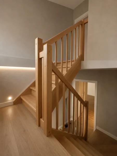 Naturfarbene Holztreppe mit Holzhandlauf und Geländerstäben