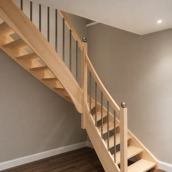 Naturfarbene Holztreppe mit Holzhandlauf und Geländerstäben