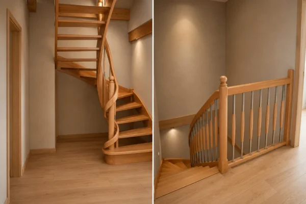 Naturfarbene Holztreppe mit gebogenen Übergängen und Holzgeländer
