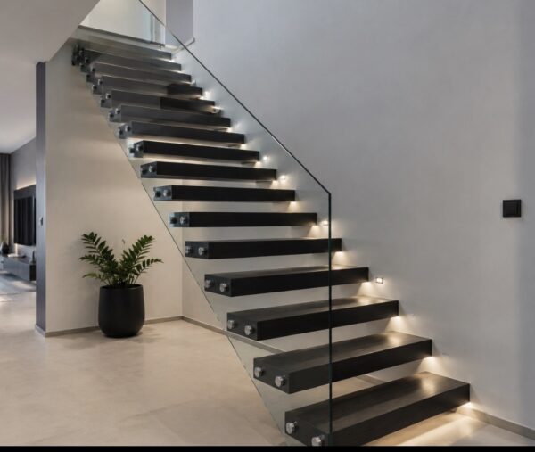 Offene gerade Treppe mit dunklen Stufen, Beleuchtung und Glasgeländer