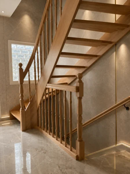 Naturfarbene Holztreppe mit gebogenen Übergängen und Holzgeländer