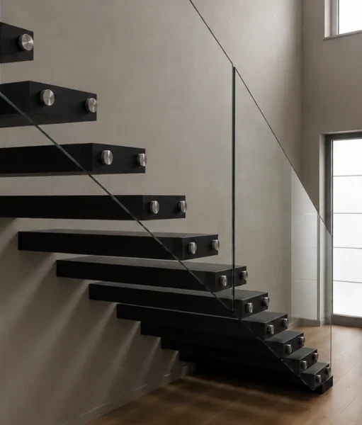 Detail dunkler auskragender Stufen mit punktbefestigtem Glasgeländer