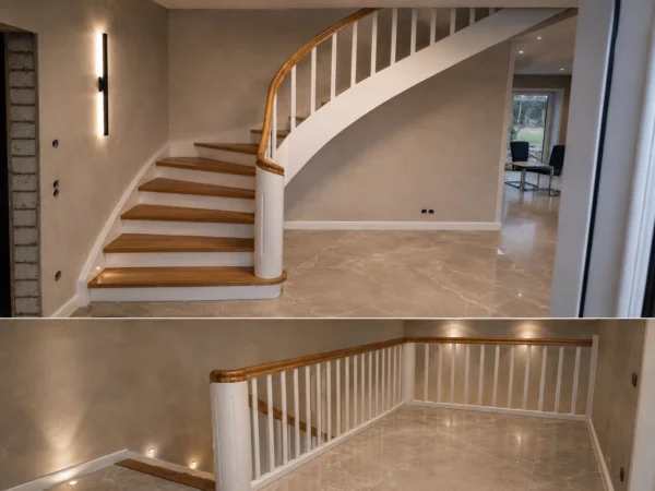 Gebogene Holztreppe mit weißer Wange und geschwungenem Holzhandlauf