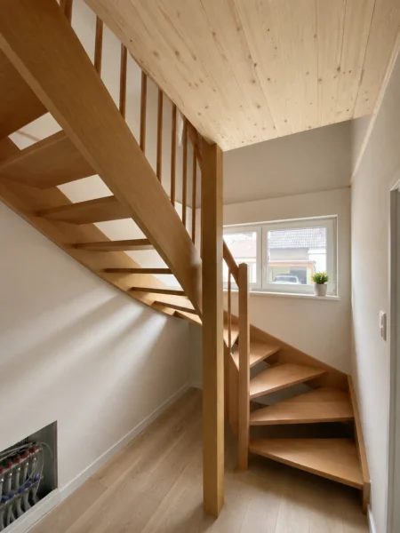 Naturfarbene Holztreppe mit Holzhandlauf und Geländerstäben