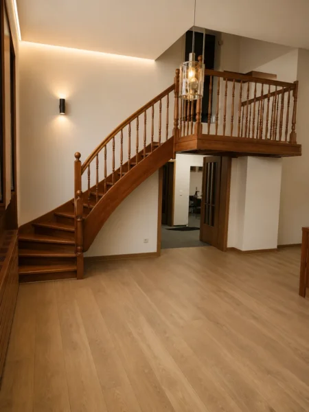 Naturfarbene Holztreppe mit Holzhandlauf und Geländerstäben
