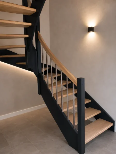 Holztreppe mit dunklen Konstruktionselementen und Handlauf