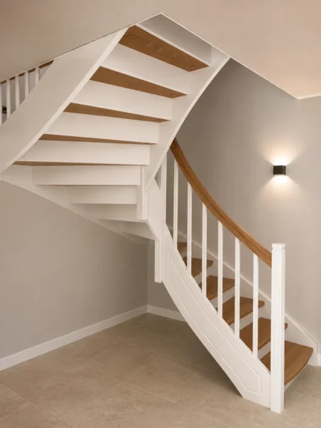 Holztreppe mit weißen Wangen und kontrastierenden Holzstufen