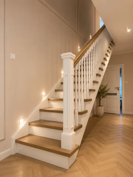 Holztreppe mit weißen Wangen und kontrastierenden Holzstufen