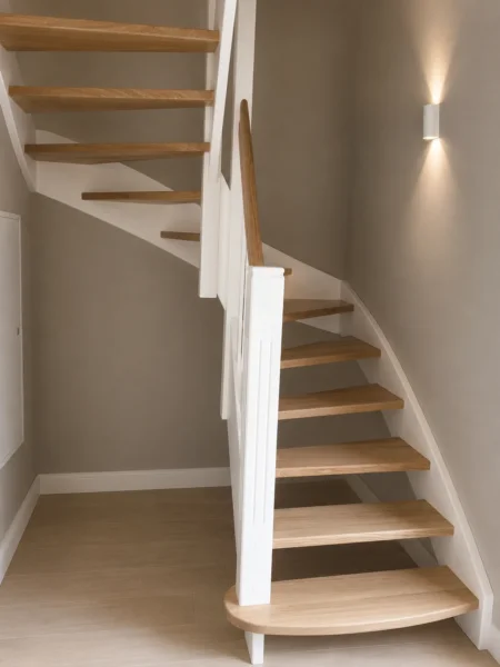 Holztreppe mit weißen Wangen und kontrastierenden Holzstufen