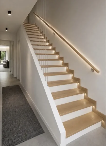 Betontreppe mit Holzstufen, weißen Setzstufen und Holzhandlauf an der Wand