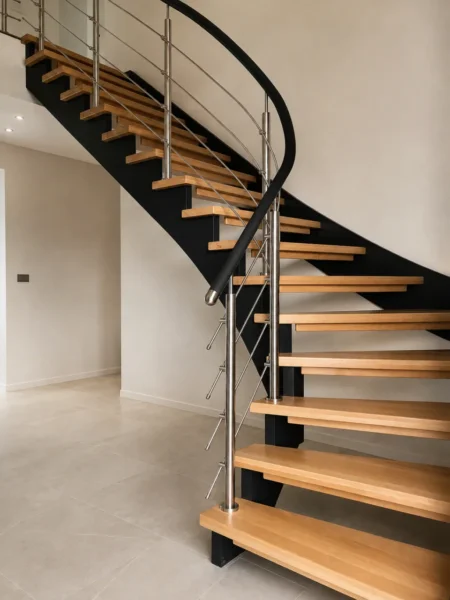 Holztreppe mit Edelstahlgeländer und schwarzem Handlauf