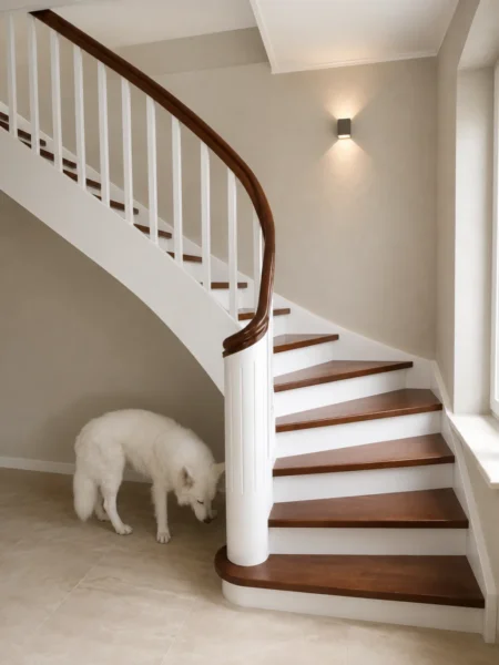 Gebogene weiße Holztreppe mit dunklem Holzhandlauf und weißem Hund