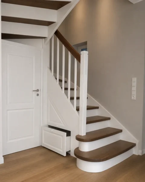 Weiße Holztreppe mit dunklen Holzstufen und Holzhandlauf
