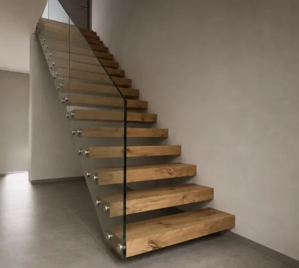 Aus der Wand auskragende Holzstufen mit seitlichem Glasgeländer