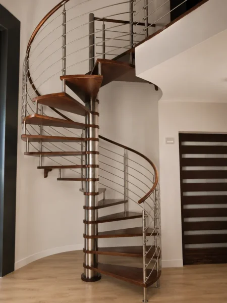 Spindeltreppe mit Holzstufen und silberfarbenem Metallgeländer