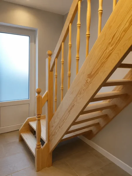 Offene Holztreppe mit gedrechselten Geländerstäben und gewendelten Stufen