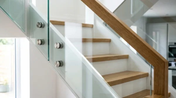 Treppe mit Glasgeländer: Verbundsicherheitsglas mit Punkthaltern und Handlauf aus Eiche